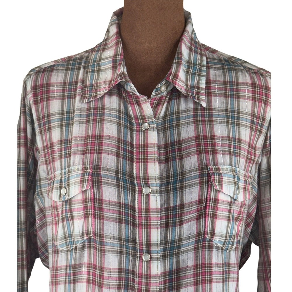 Western Pearl Snap Shirt Women's XL Pink Blue Plaid Wrangler Rodeo EUC